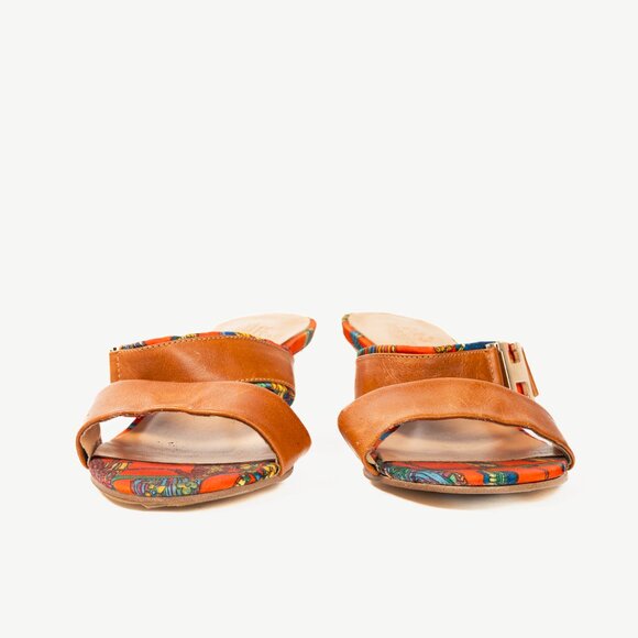Hermes Brown Leather & Orange Printed-Silk Mule Sandals - Picture 3 of 11